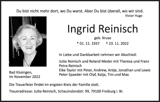 Anzeige von Ingrid Reinisch von MGO
