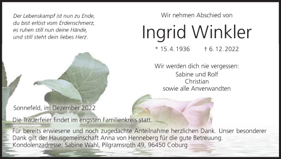 Anzeige von Ingrid Winkler von MGO