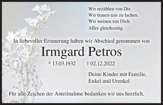 Anzeige von Irmgard Petros von MGO