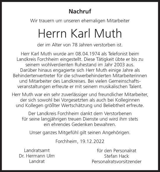 Anzeige von Karl Muth von MGO