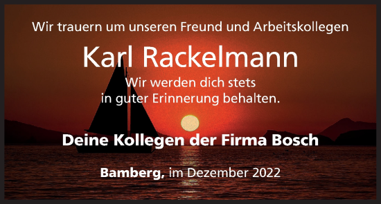 Anzeige von Karl Rackelmann von MGO