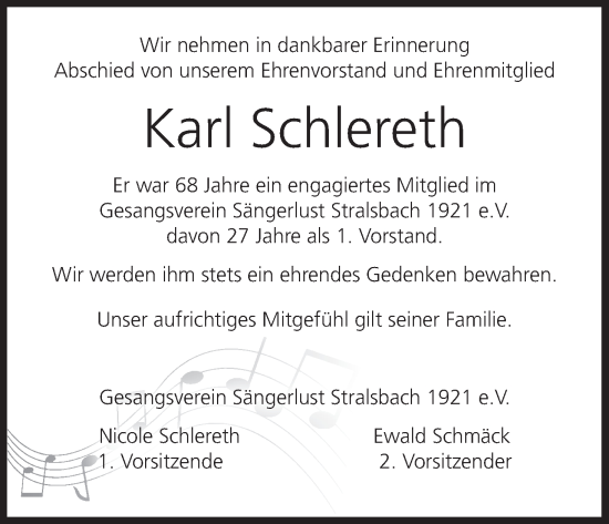 Anzeige von Karl Schlereth von MGO