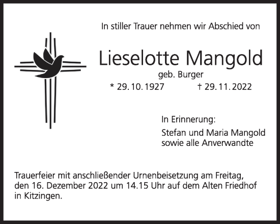 Anzeige von Lieselotte Mangold von MGO