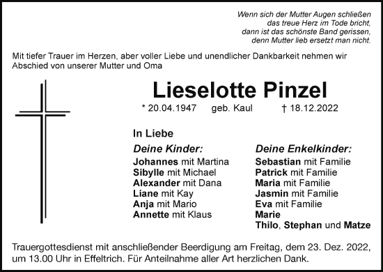 Anzeige von Lieselotte Pinzel von MGO