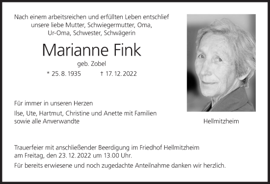 Anzeige von Marianne Fink von MGO