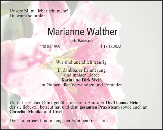 Anzeige von Marianne Walther von MGO