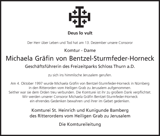 Anzeige von Michaela Elisabeth Gräfin von Bentzel-Sturmfeder-Horneck von MGO