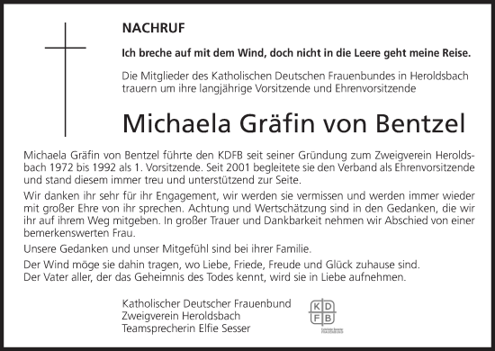 Anzeige von Michaela Elisabeth Gräfin von Bentzel-Sturmfeder-Horneck von MGO