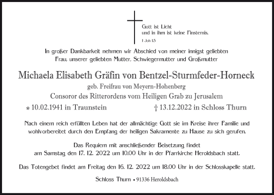 Anzeige von Michaela Elisabeth Gräfin von Bentzel-Sturmfeder-Horneck von MGO