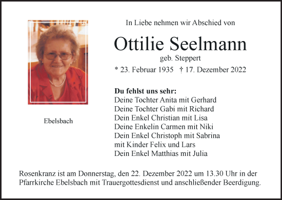 Anzeige von Ottilie Seelmann von MGO
