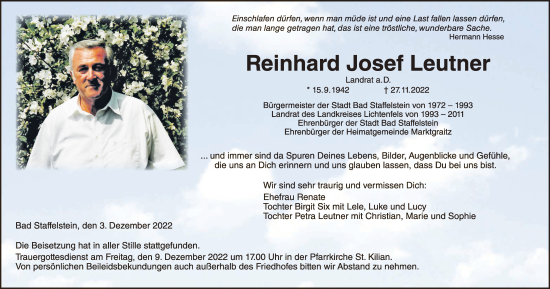 Anzeige von Reinhard Josef Leutner von MGO