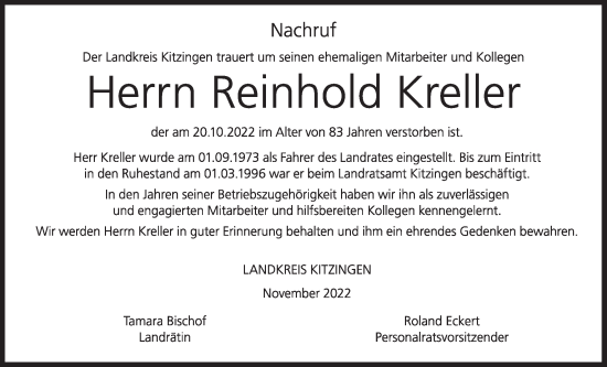 Anzeige von Reinhold Kreller von MGO