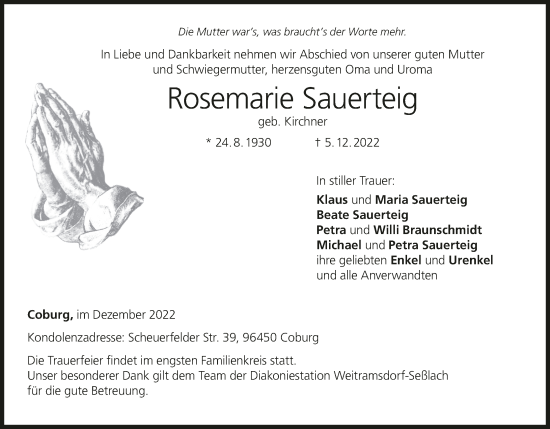 Anzeige von Rosemarie Sauerteig von MGO