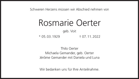 Anzeige von Rosmarie Oerter von MGO