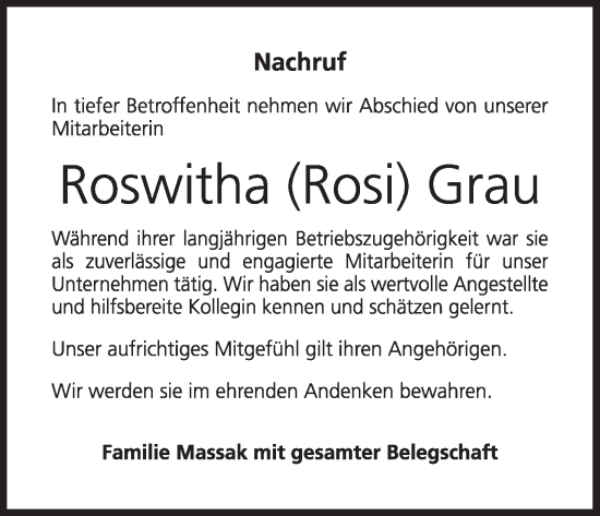 Anzeige von Roswitha Grau von MGO