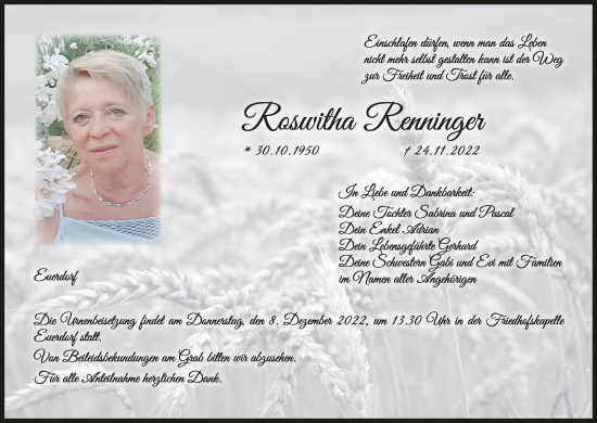 Anzeige von Roswitha Renninger von MGO