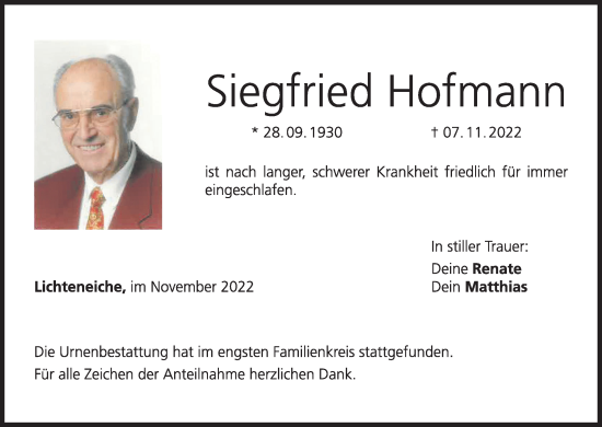Anzeige von Siegfried Hofmann von MGO