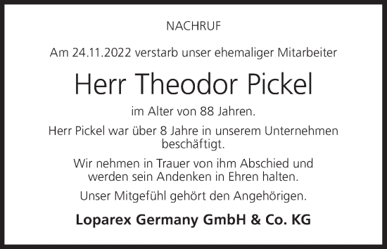 Anzeige von Theodor Pickel von MGO