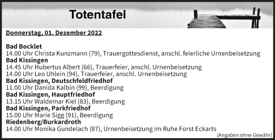 Anzeige von Totentafel vom 01.12.2022 von MGO