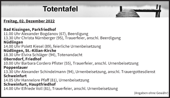 Anzeige von Totentafel vom 02.12.2022 von MGO