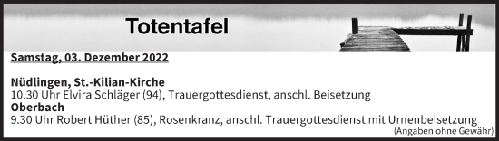 Anzeige von Totentafel vom 03.12.2022 von MGO