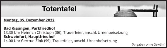Anzeige von Totentafel vom 05.12.2022 von MGO