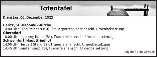 Anzeige von Totentafel vom 06.12.2022 von MGO