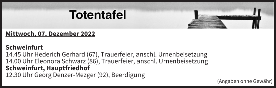 Anzeige von Totentafel vom 07.12.2022 von MGO