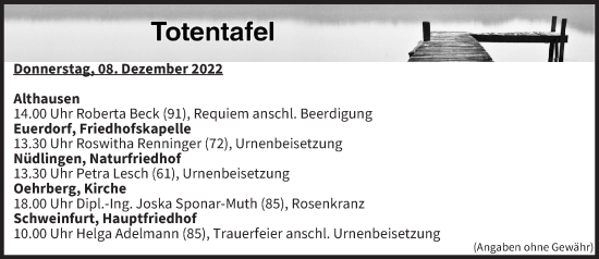 Anzeige von Totentafel vom 08.12.2022 von MGO