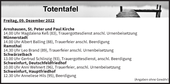 Anzeige von Totentafel vom 09.12.2022 von MGO