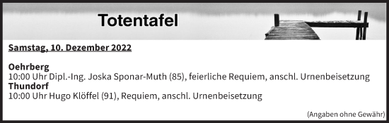 Anzeige von Totentafel vom 10.12.2022 von MGO