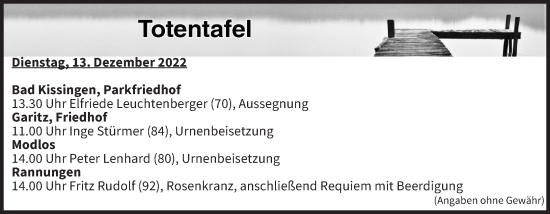 Anzeige von Totentafel vom 13.12.2022 von MGO