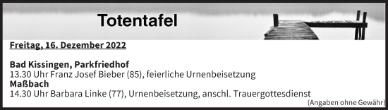 Anzeige von Totentafel vom 16.12.2022 von MGO