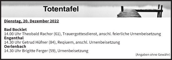 Anzeige von Totentafel vom 20.12.2022 von MGO