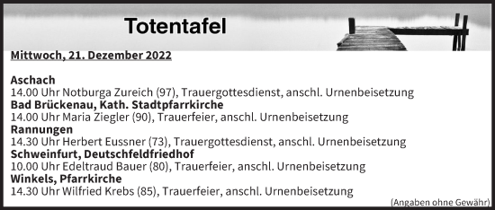 Anzeige von Totentafel vom 21.12.2022 von MGO