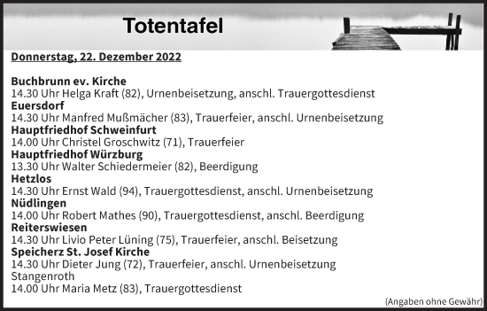 Anzeige von Totentafel vom 22.12.2022 von MGO