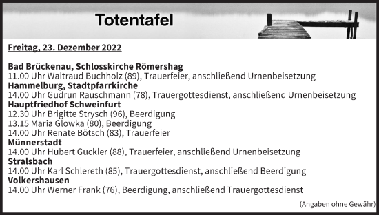 Anzeige von Totentafel vom 23.12.2022 von MGO