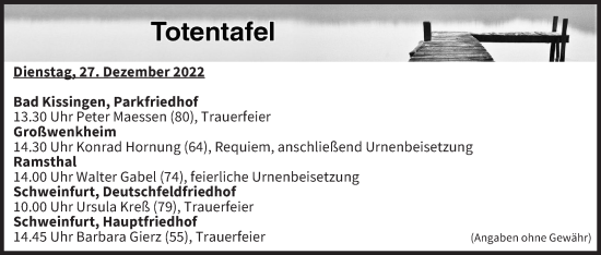 Anzeige von Totentafel vom 27.12.2022 von MGO