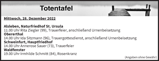 Anzeige von Totentafel vom 28.12.2022 von MGO