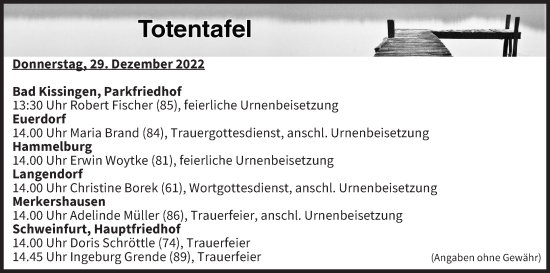 Anzeige von Totentafel vom 29.12.2022 von MGO