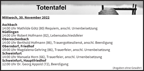 Anzeige von Totentafel vom 30.11.2022 von MGO