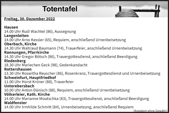 Anzeige von Totentafel vom 30.12.2022 von MGO