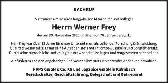 Anzeige von Werner Frey von MGO
