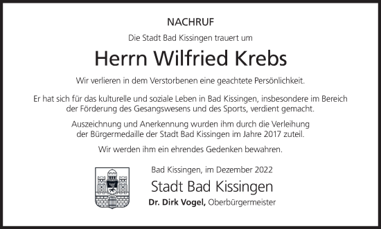 Anzeige von Wilfried Krebs von MGO