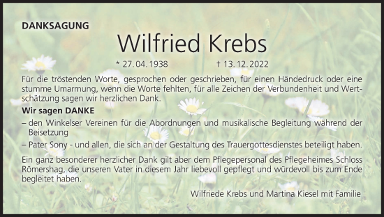 Anzeige von Wilfried Krebs von MGO