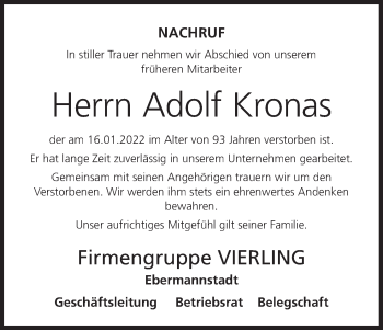 Anzeige von Adolf Kronas von MGO