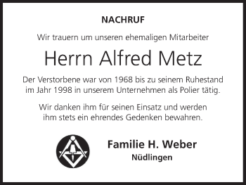 Anzeige von Alfred Metz von MGO