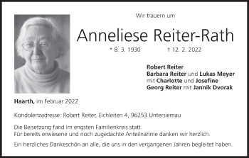 Anzeige von Anneliese Reiter-Rath von MGO