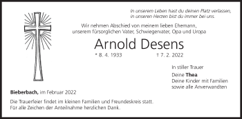 Anzeige von Arnold Desens von MGO