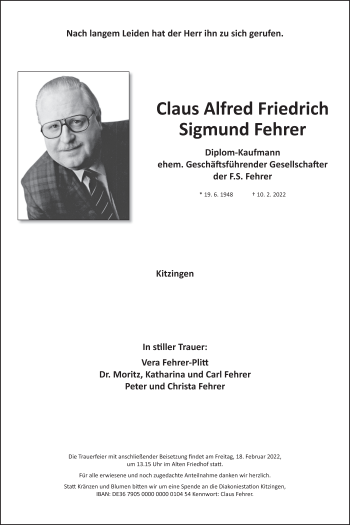 Anzeige von Claus Alfred Friedrich Sigmund Fehrer von MGO